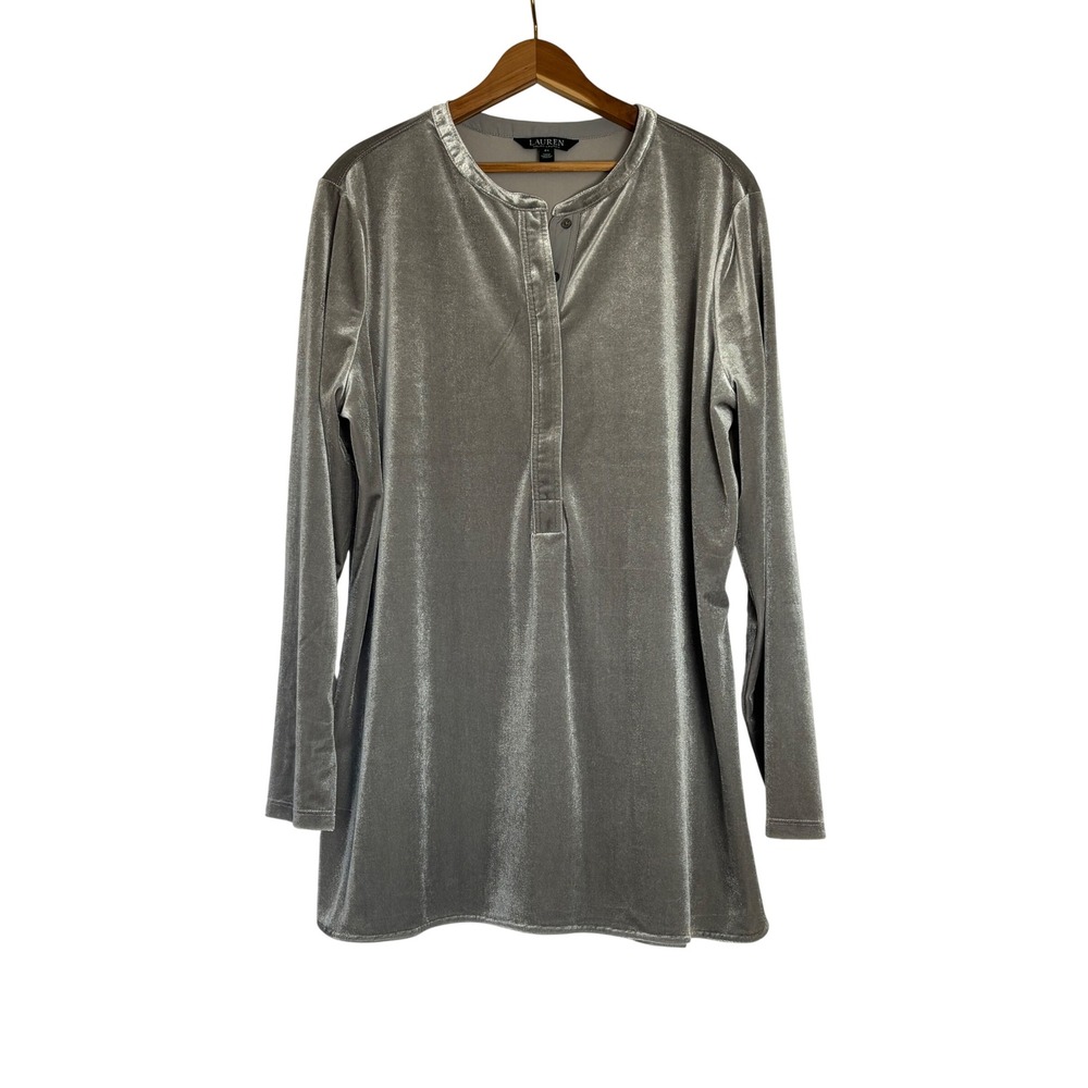 Lauren Ralph Lauren Gray Velvet Henley Tunic Top Womens 2X Long Sleeve
